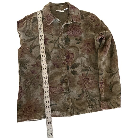 Chicos Design Olive Purple Floral Button-Up Jacket Size 1 Gold Metallic Detail - Picture 7 of 8